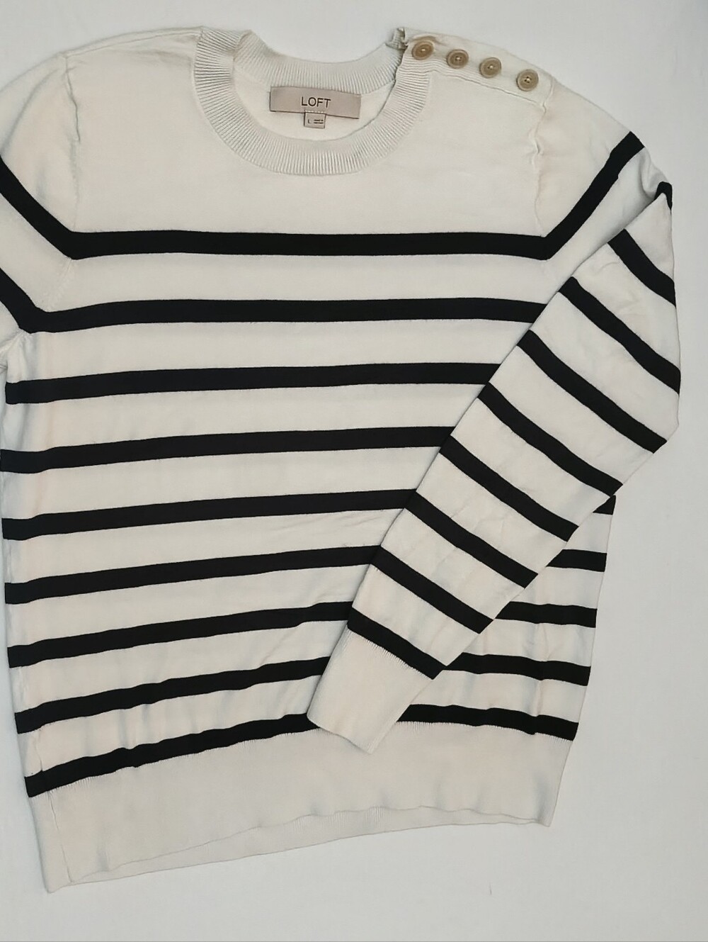 LOFT Cream and Navy Striped Crewneck Sweater with Shoulder Buttons Size L